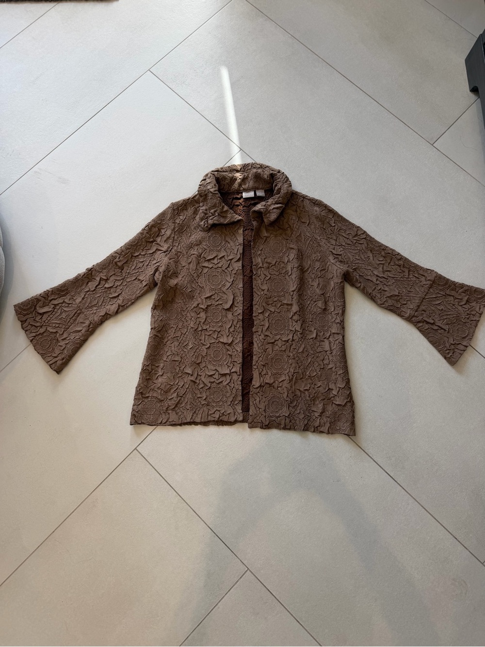 Chico's Brown Textured Floral Open-Front Cardigan